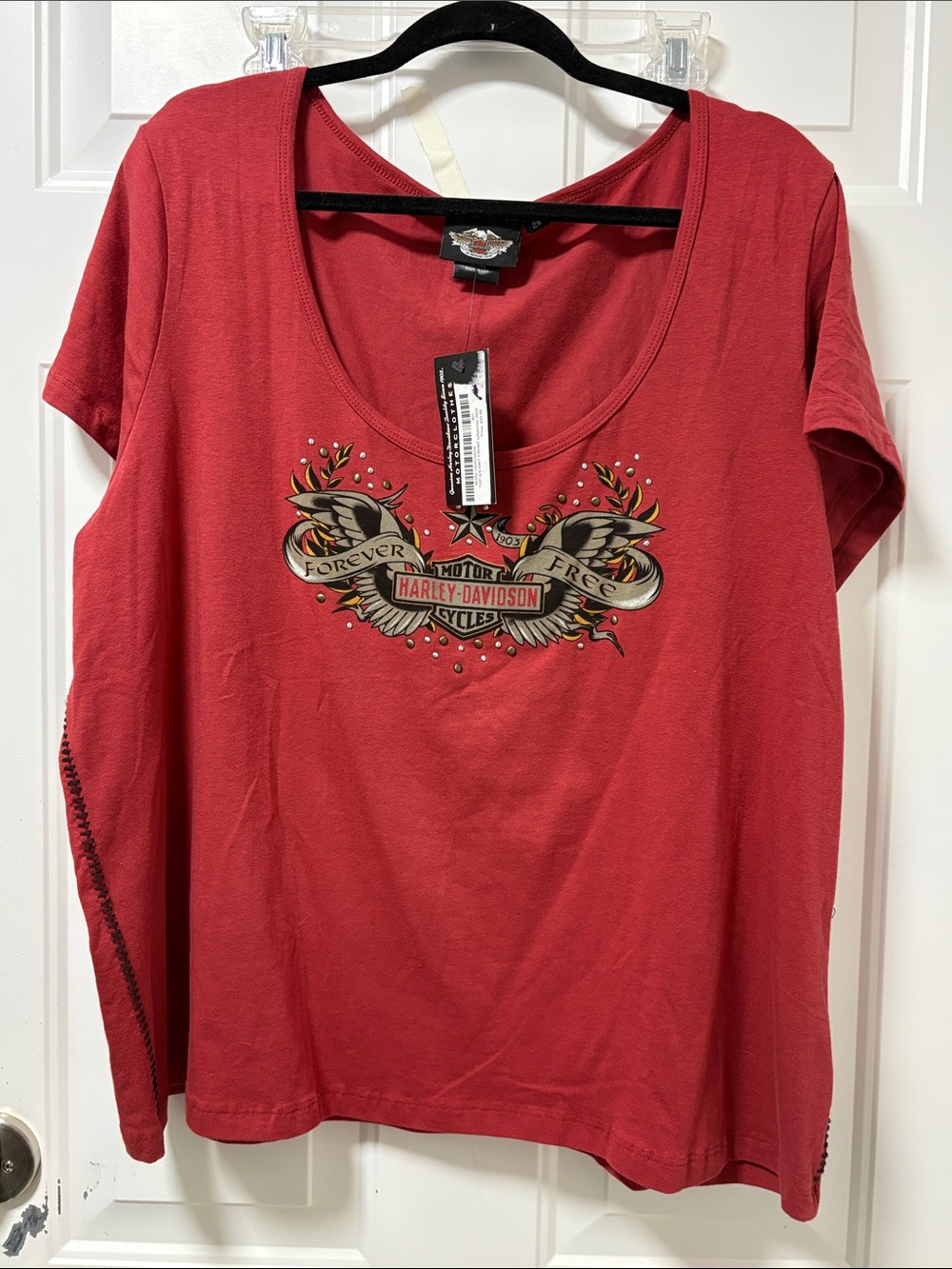 Harley-Davidson Women's Red Scoop Neck Graphic Tee with Eagle Emblem